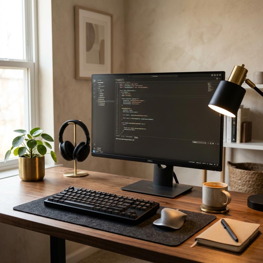 Warm minimalist desk setup with code editor